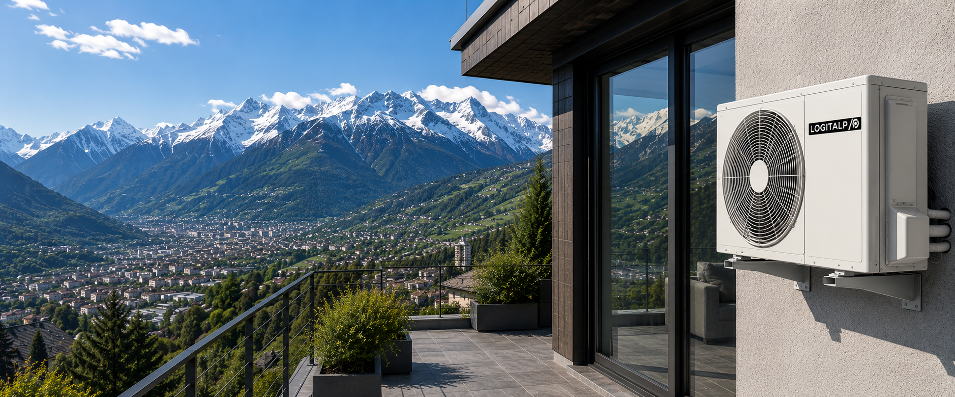 Unité extérieure Logitalp installée sur un balcon avec vue panoramique sur les Alpes suisses