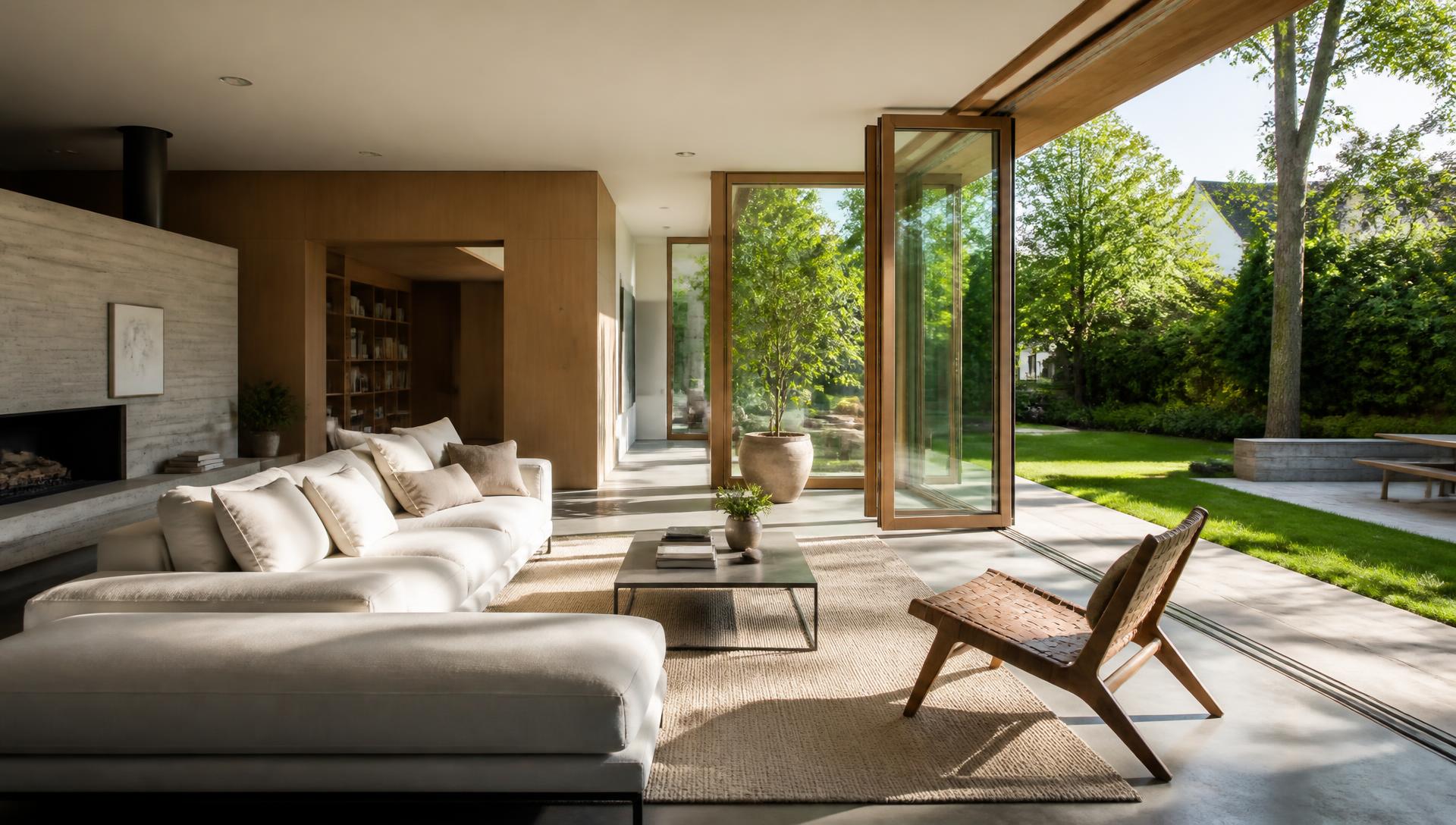 Salon contemporain ouvert sur un jardin en été