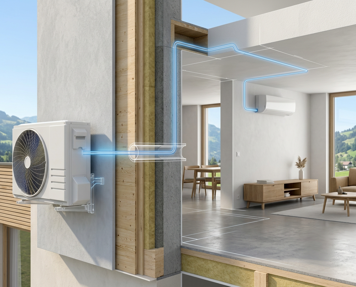 Chambre contemporaine avec une unité de climatisation murale discrète